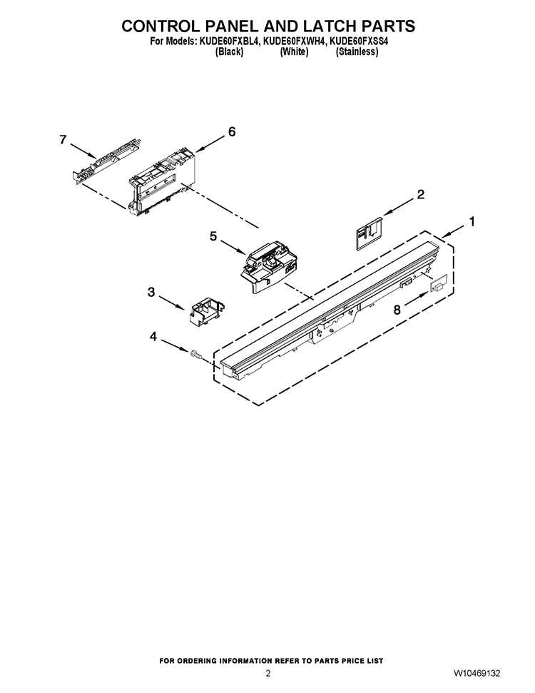 CONTROL PANEL AND LATCH PARTS Diagram and Parts List for KUDE60FXBL4  KitchenAid Dishwasher