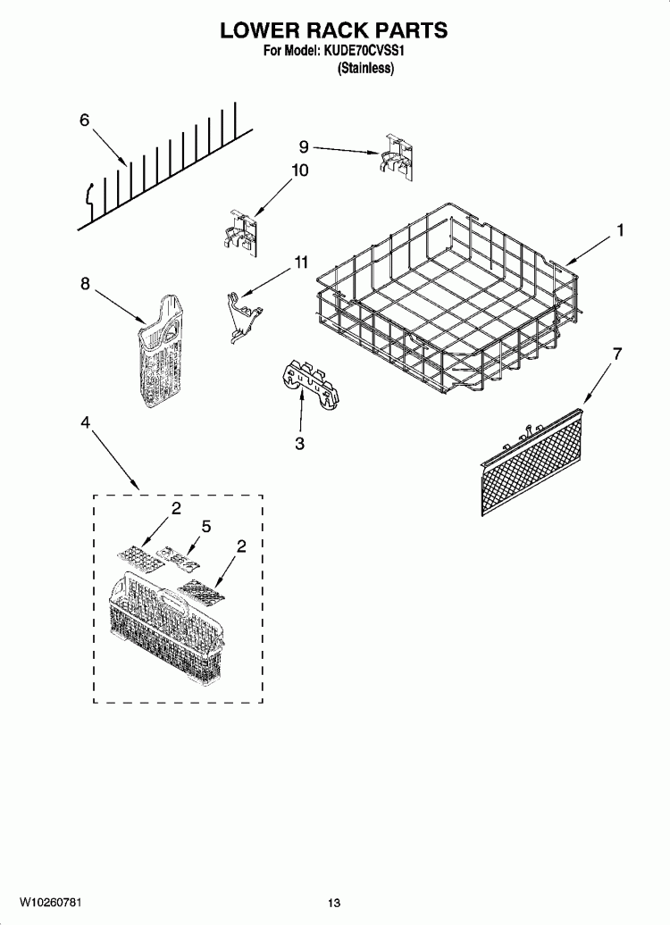 LOWER RACK PARTS Diagram and Parts List for KUDE70CVSS1  KitchenAid Dishwasher