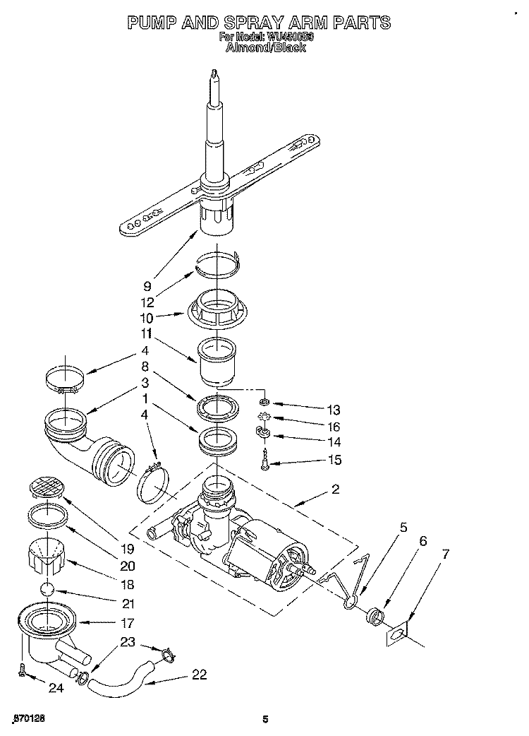 PUMP AND SPRAY ARM Diagram and Parts List for WU4500B0  Roper Dishwasher