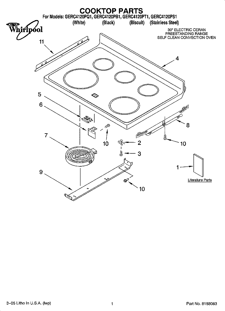 COOKTOP PARTS Diagram and Parts List for GERC4120PT1  Whirlpool Range