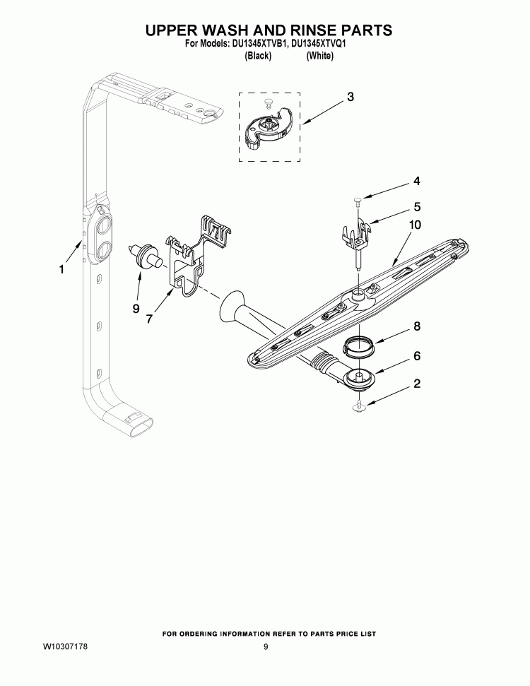 UPPER WASH AND RINSE PARTS Diagram and Parts List for DU1345XTVQ1  Whirlpool Dishwasher