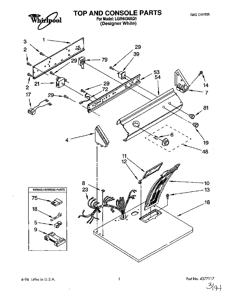 TOP & CONSOLE, LIT/OPTIONAL Diagram and Parts List for LGR4434AQ1  Whirlpool Dryer