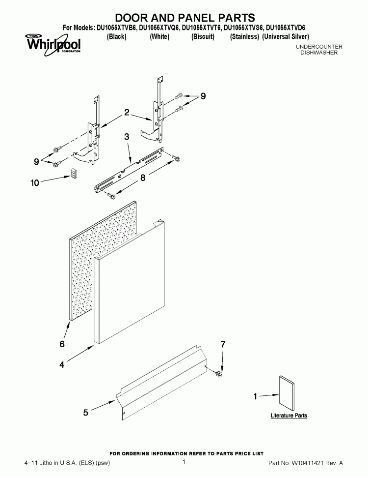 DOOR AND PANEL PARTS Diagram and Parts List for DU1055XTVD6  Whirlpool Dishwasher