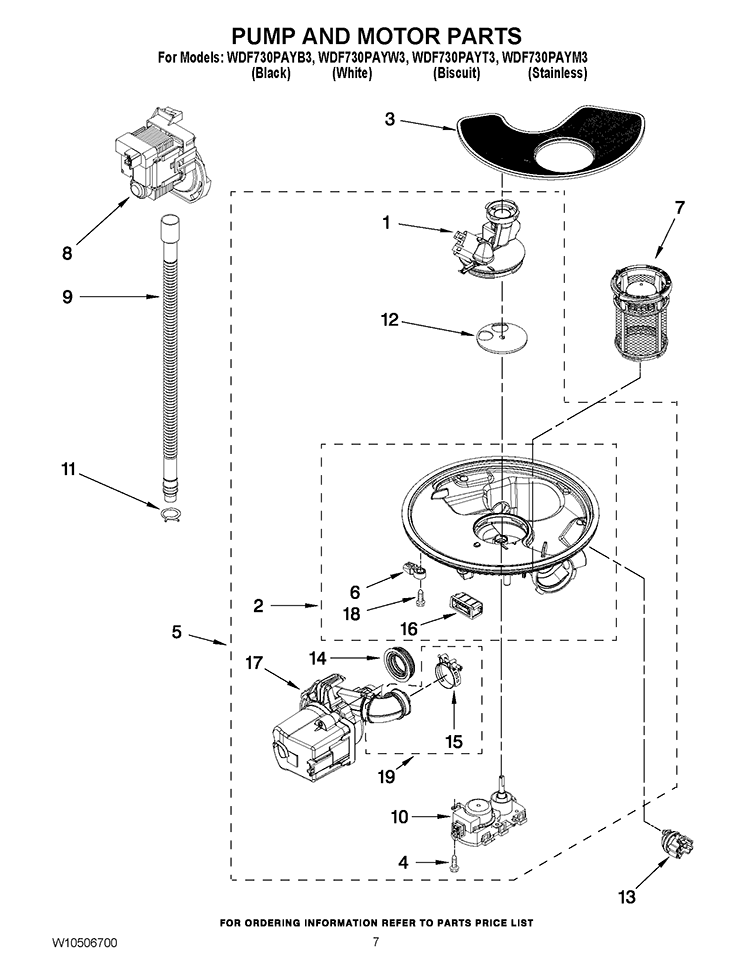 PUMP AND MOTOR PARTS Diagram and Parts List for WDF730PAYB3  Whirlpool Dishwasher