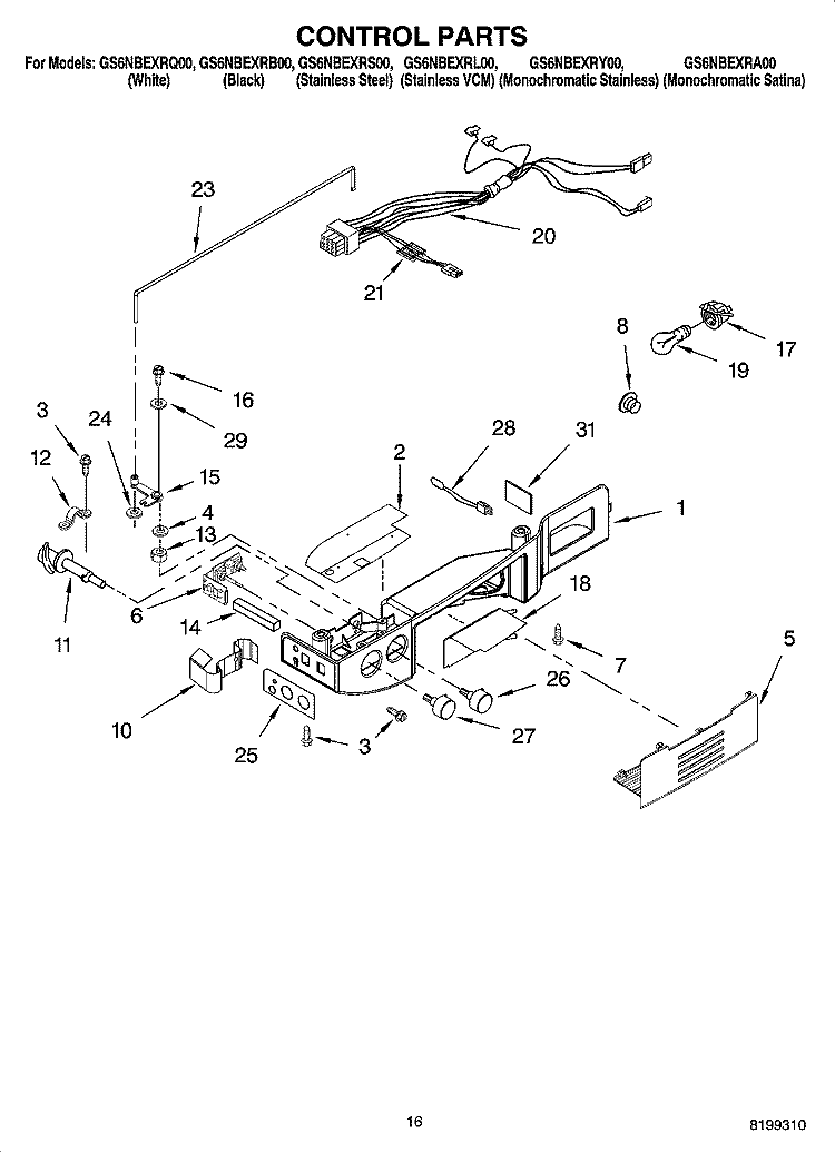 CONTROL PARTS Diagram and Parts List for GS6NBEXRY00  Whirlpool Refrigerator