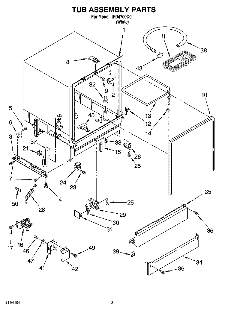 TUB ASSEMBLY PARTS Diagram and Parts List for IRD4700Q0  Inglis Dishwasher