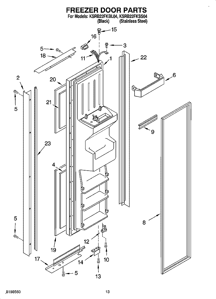 FREEZER DOOR PARTS Diagram and Parts List for KSRB22FKSS04  KitchenAid Refrigerator