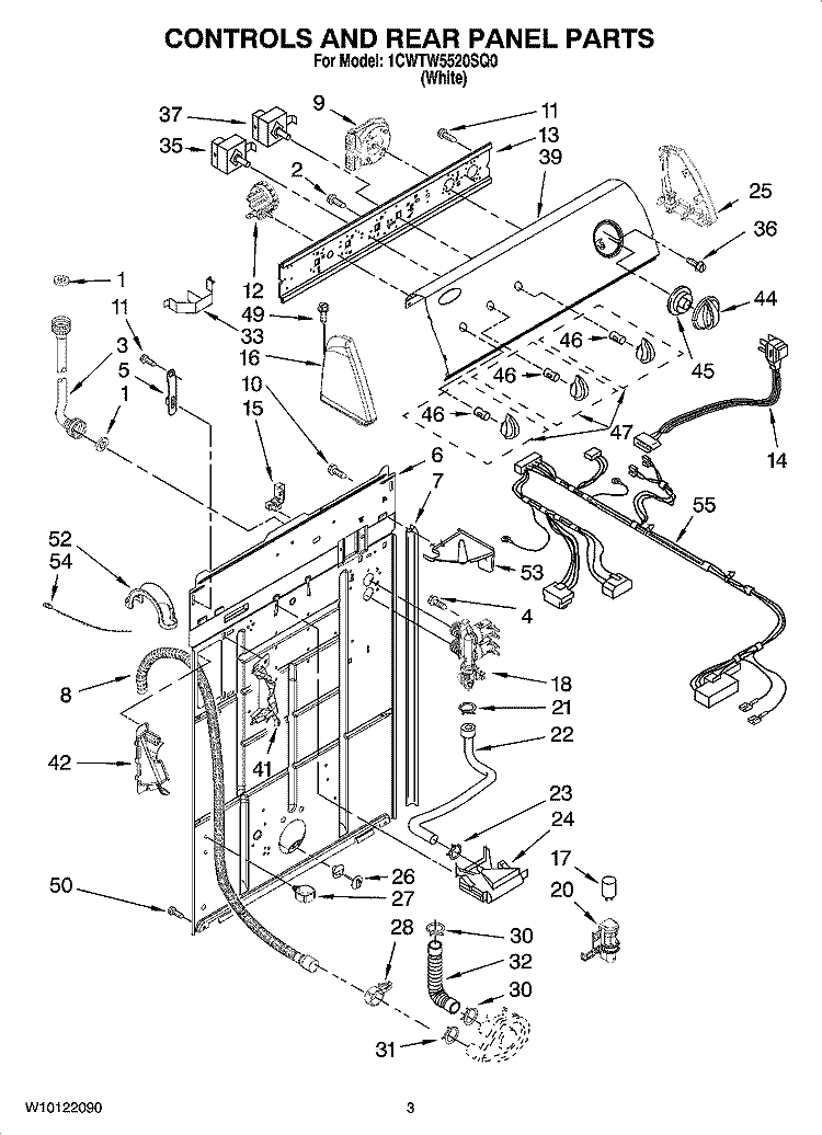 CONTROLS AND REAR PANEL PARTS Diagram and Parts List for 1CWTW5520SQ0  Whirlpool Washer
