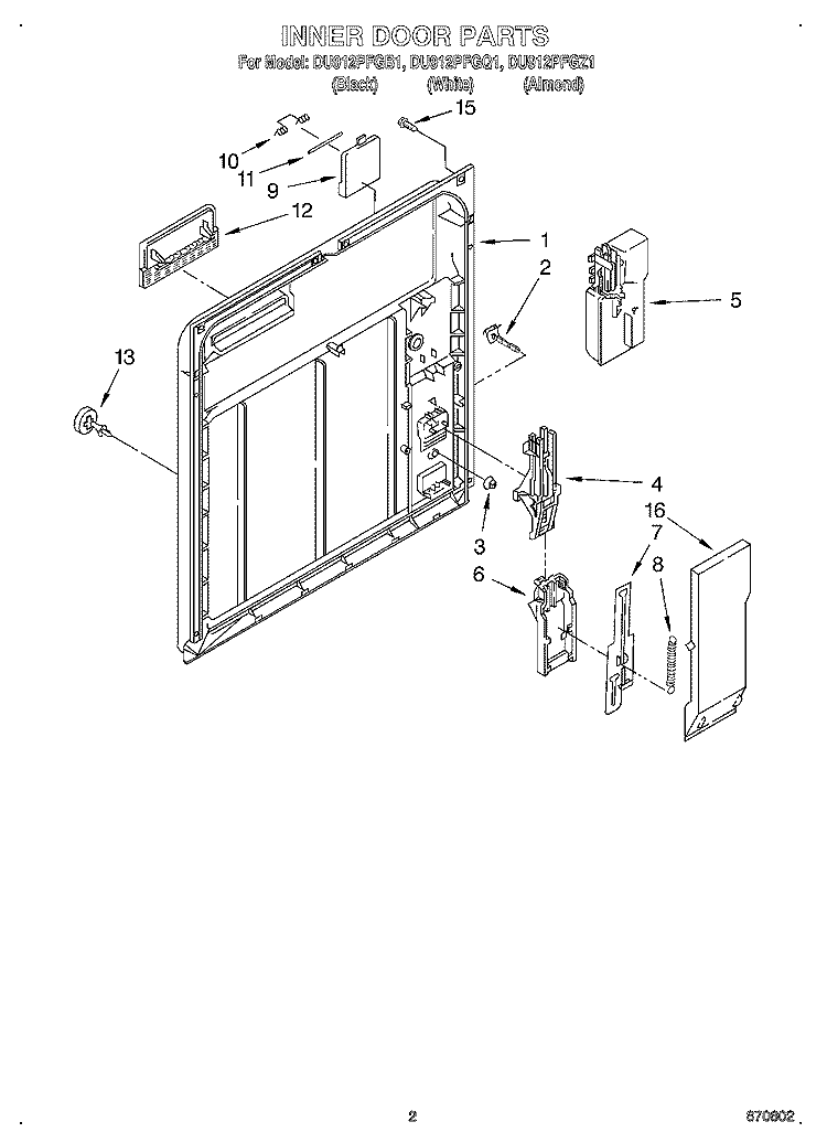 INNER DOOR Diagram and Parts List for DU912PFGB1  Whirlpool Dishwasher
