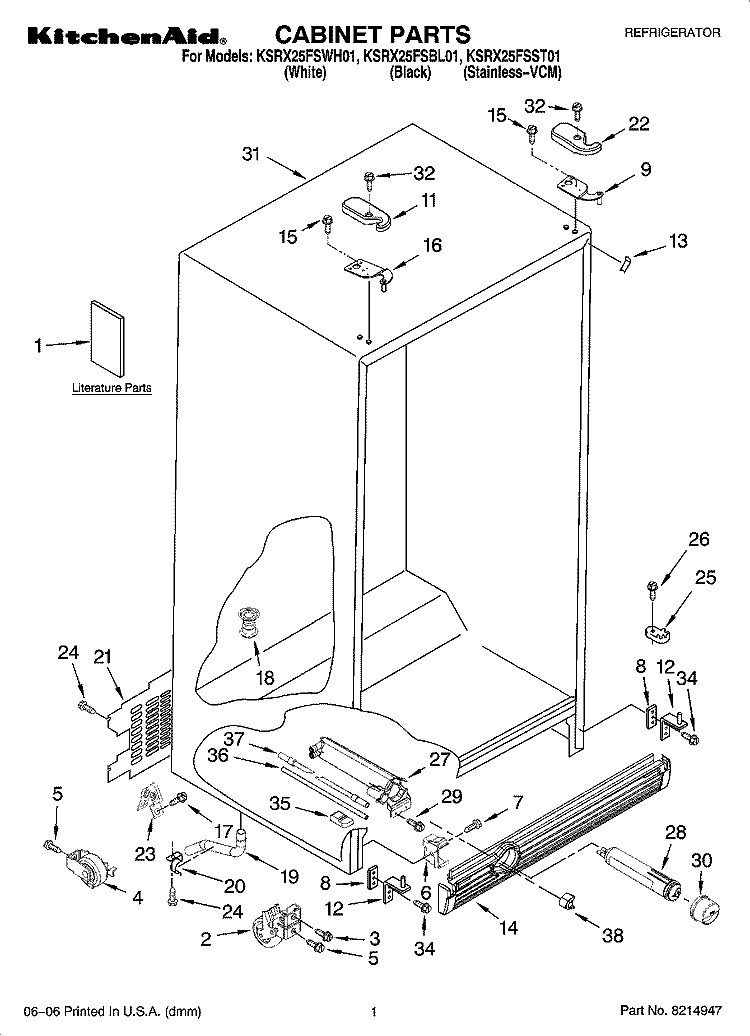 CABINET PARTS Diagram and Parts List for KSRX25FSST01  KitchenAid Refrigerator