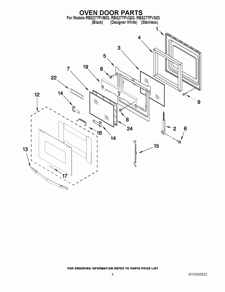 OVEN DOOR PARTS Diagram and Parts List for RBS277PVQ03  Whirlpool Wall Oven