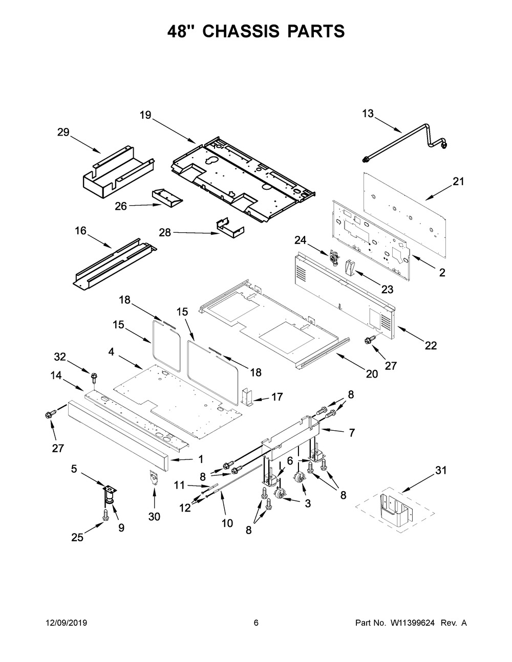 48" Chassis Parts Diagram and Parts List for KFDC558JYP00  Whirlpool Range