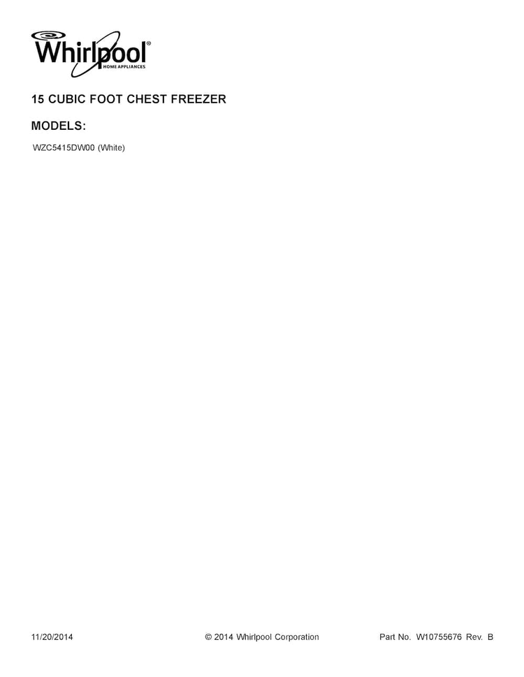 Cover Sheet Diagram and Parts List for WZC5415DW00  Whirlpool Freezer