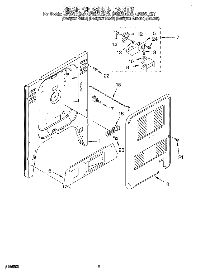 REAR CHASSIS Diagram and Parts List for GW395LEGB3  Whirlpool Range