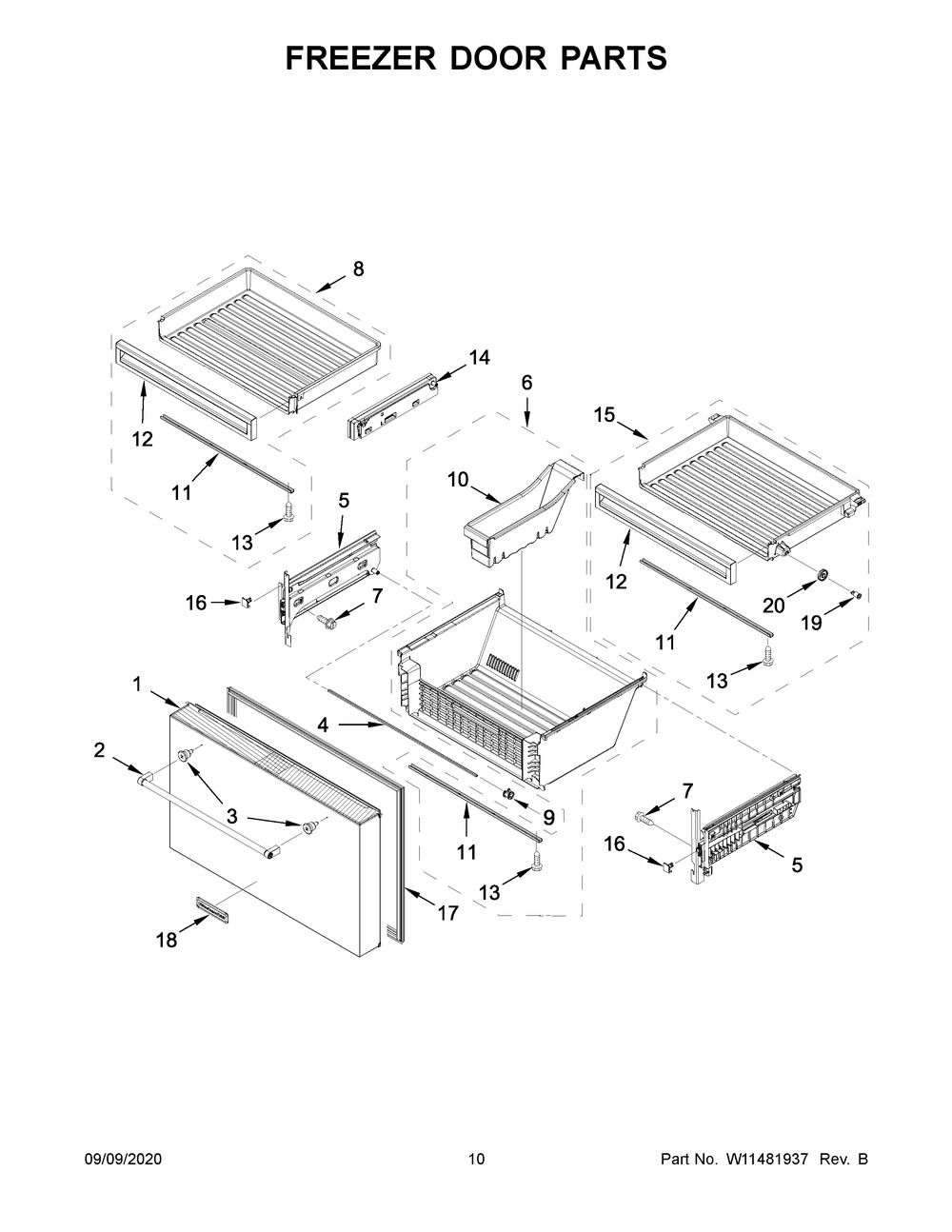 Freezer Door Parts Diagram and Parts List for KRMF706EBS04  Whirlpool Refrigerator