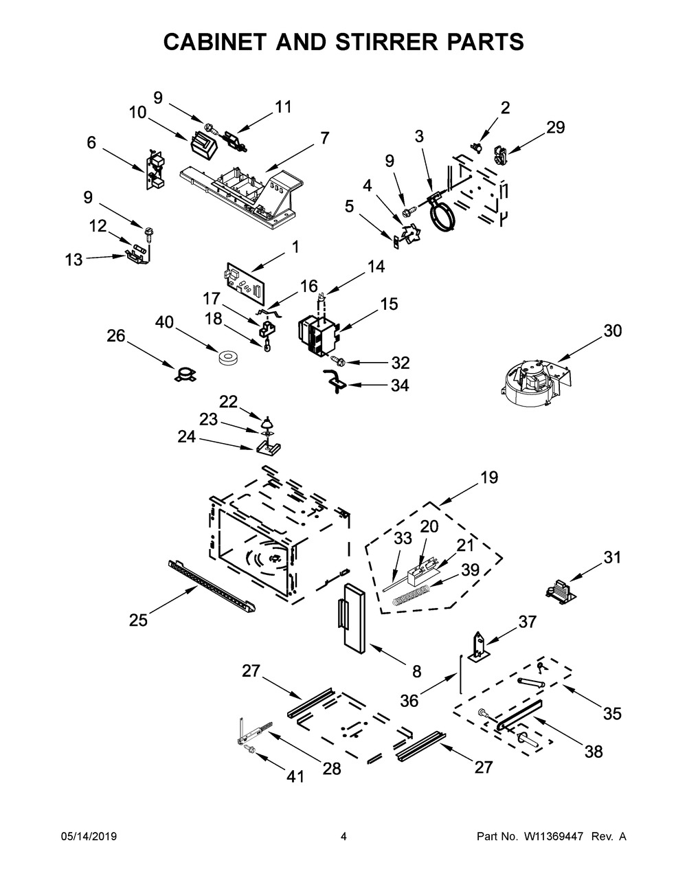 Cabinet And Stirrer Parts Diagram and Parts List for KOCE507EBL09  Whirlpool Microwave Oven Combo