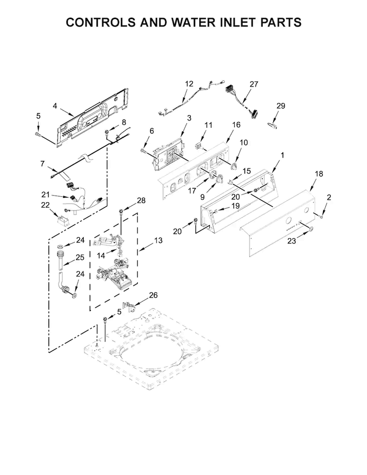 Controls And Water Inlet Parts Diagram and Parts List for CAE2795FQ0  Whirlpool Washer