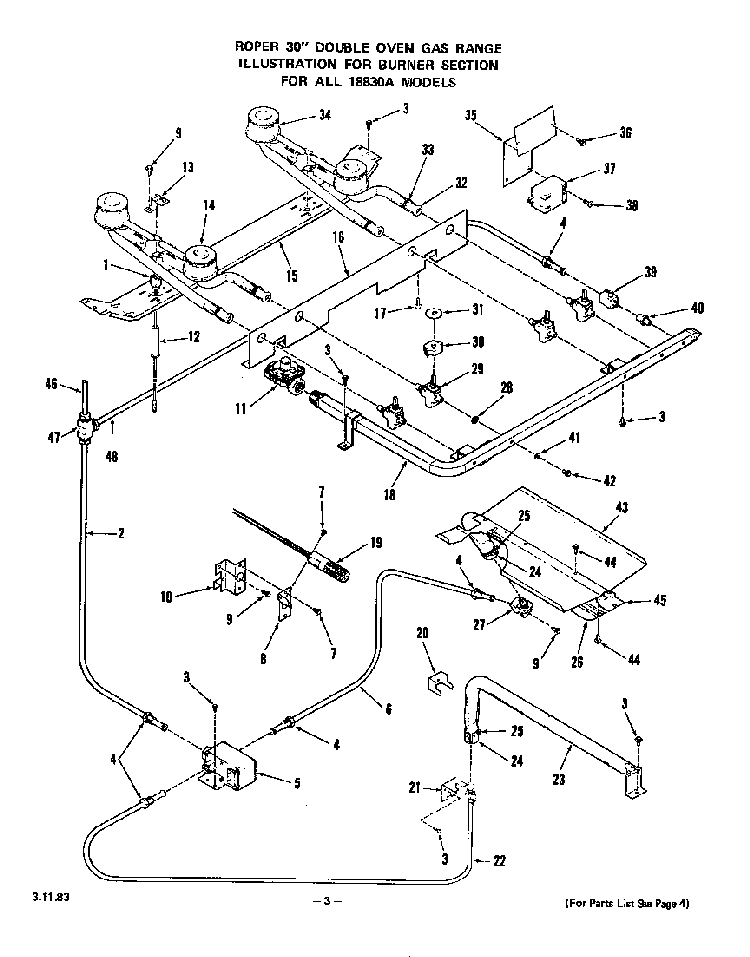 Burner Diagram and Parts List for 1883*0A  Roper Wall Oven