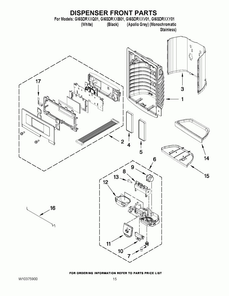 DISPENSER FRONT PARTS Diagram and Parts List for GI6SDRXXB01  Whirlpool Refrigerator