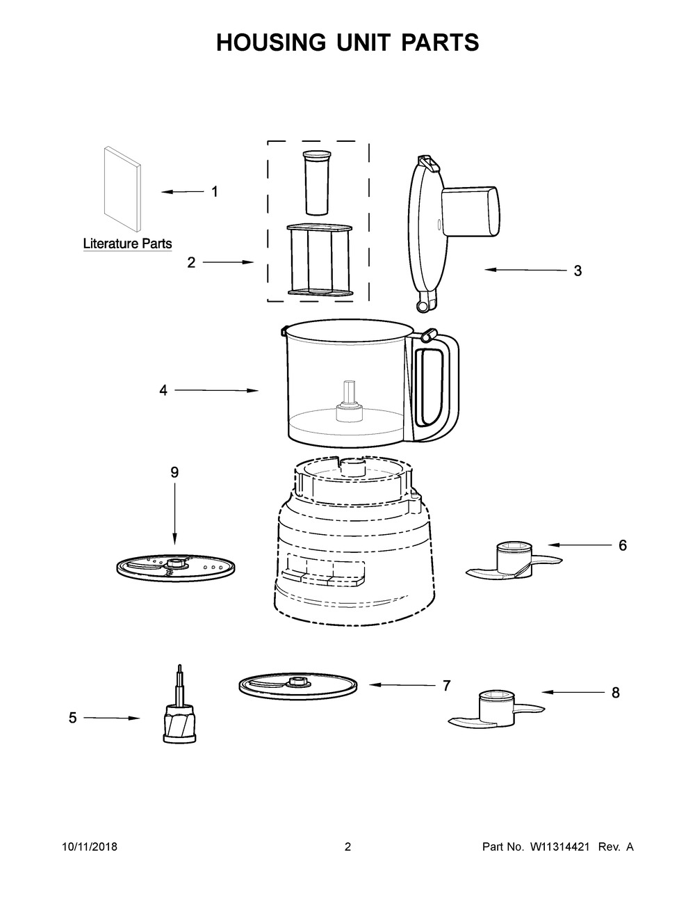 Housing Unit Parts Diagram and Parts List for KFP0719QOB0  Whirlpool Food Processor