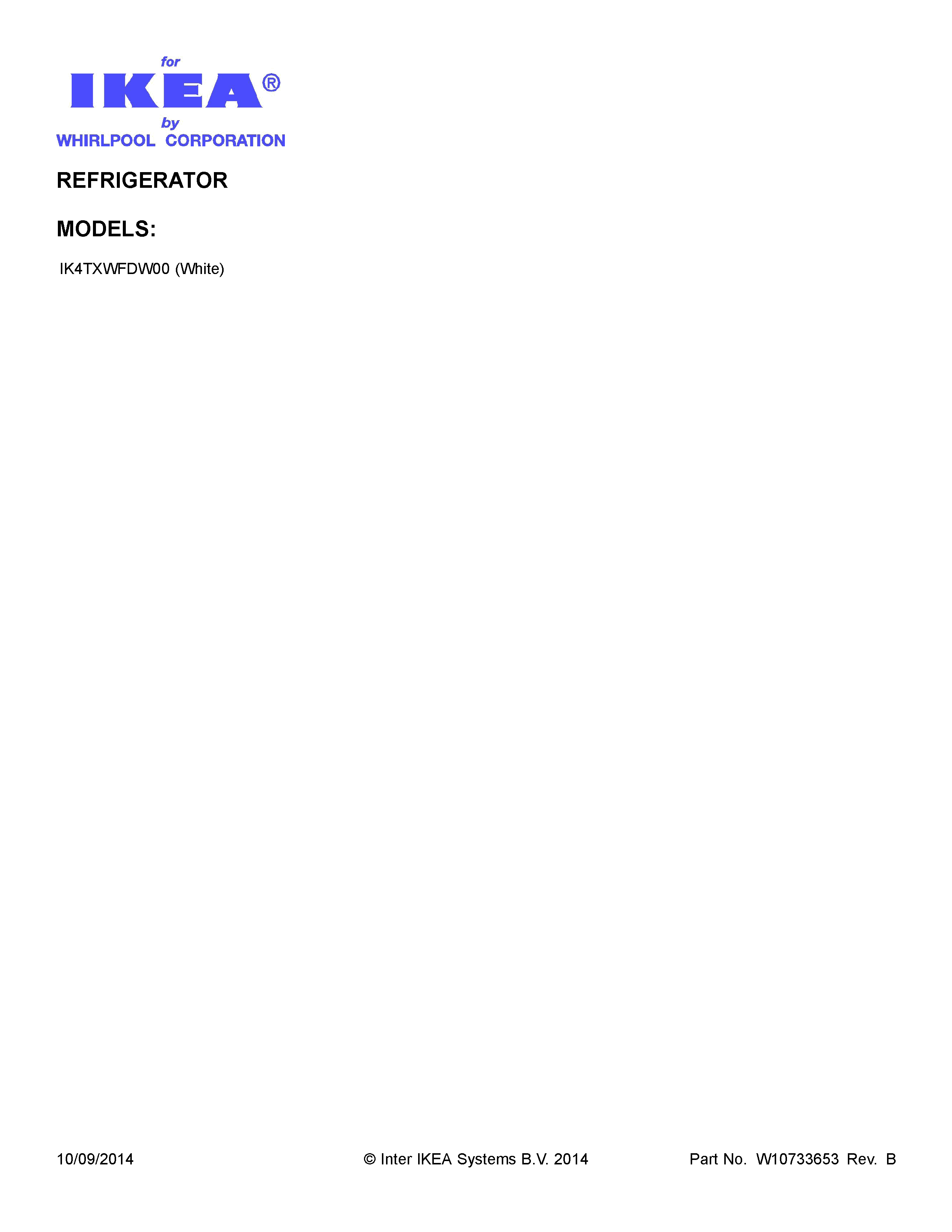 Cover Sheet Diagram and Parts List for IK4TXWFDW00  Whirlpool Refrigerator