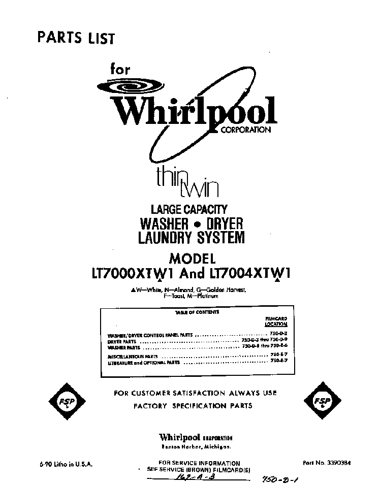 Front Cover Diagram and Parts List for LT5004XTW1  Whirlpool Washer Dryer Combo