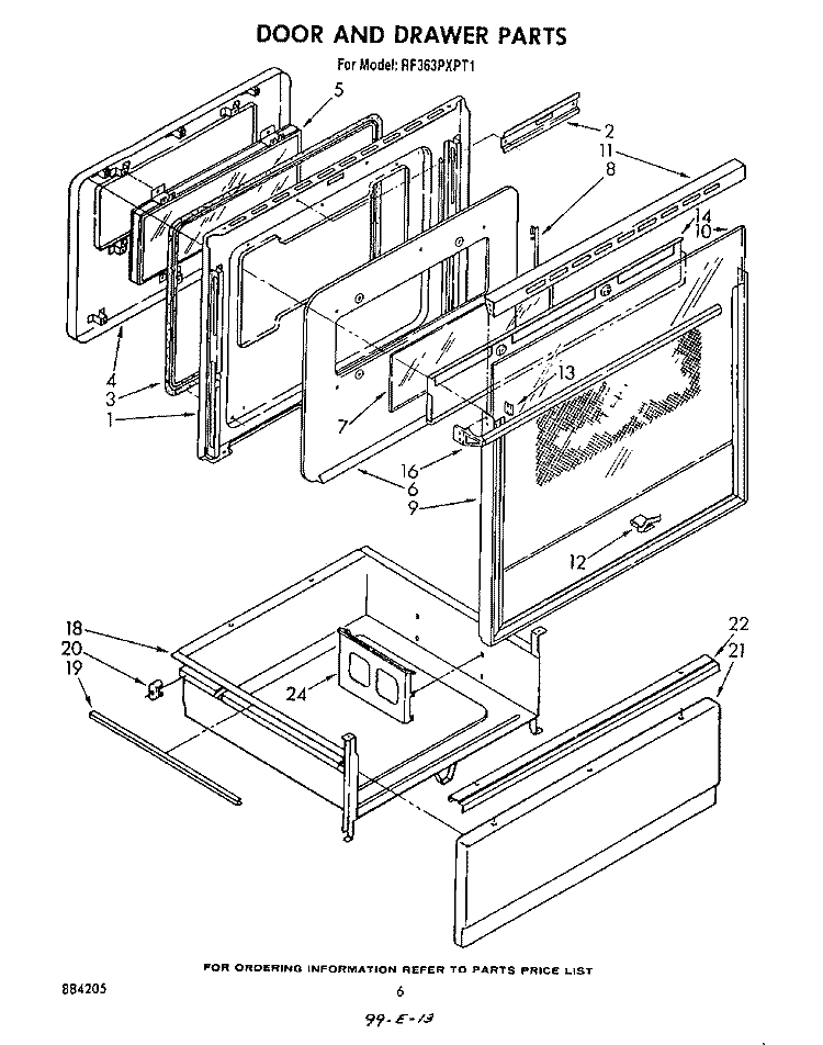 DOOR AND DRAWER Diagram and Parts List for RF363PXPT1  Whirlpool Range