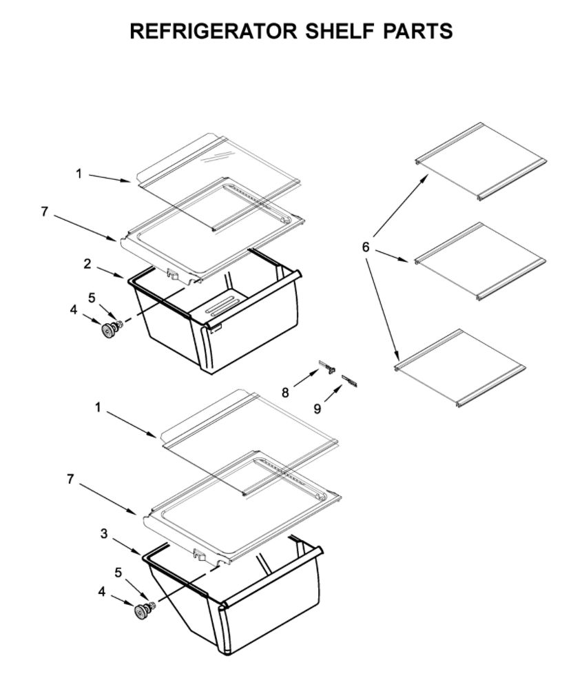 Refrigerator Shelf Parts Diagram and Parts List for 8WRS21SNHW00  Whirlpool Refrigerator