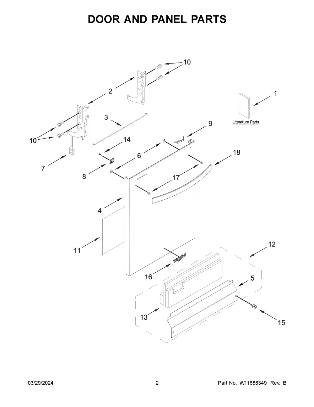 Door And Panel Parts Diagram and Parts List for WDT540HAMZ4  Whirlpool Dishwasher