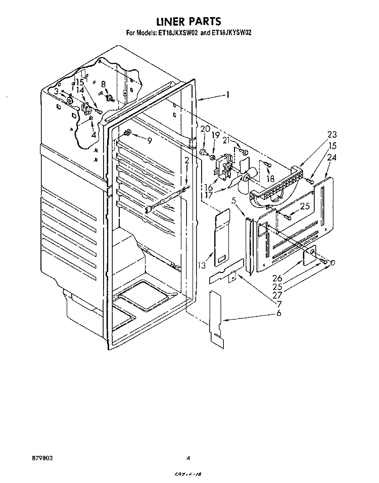 LINER Diagram and Parts List for ET18JKXSW02  Whirlpool Refrigerator