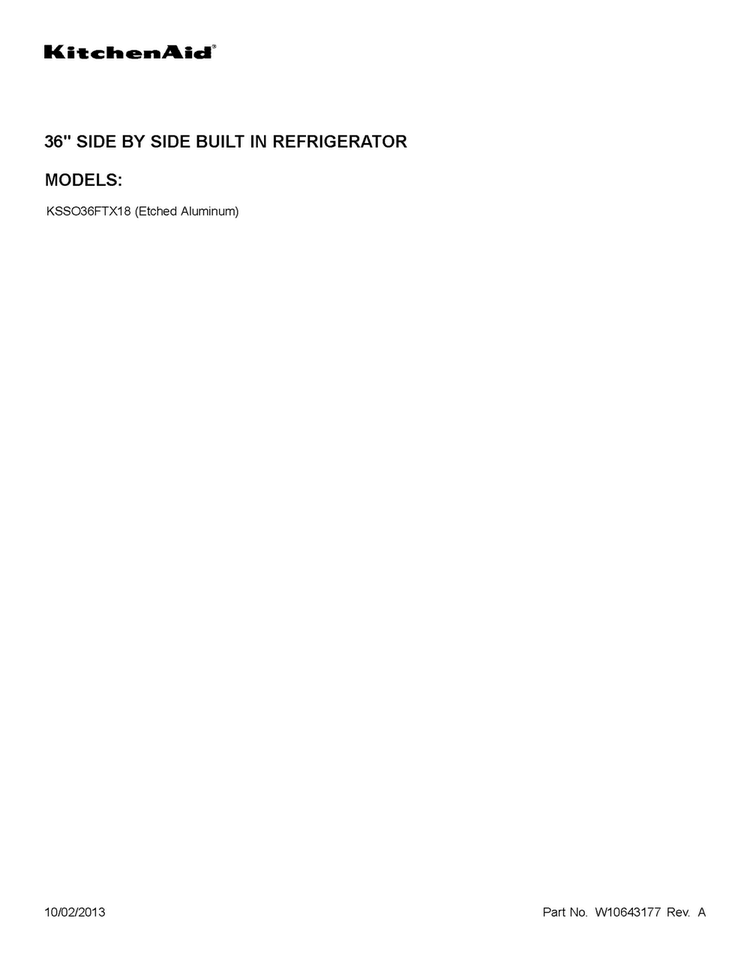 Cover Sheet Diagram and Parts List for KSSO36FTX18  KitchenAid Refrigerator