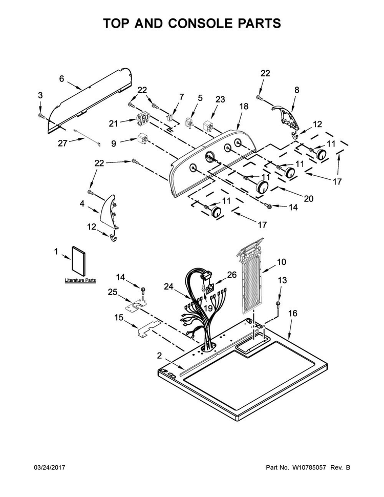 Top And Console Parts Diagram and Parts List for WED4975EW0  Whirlpool Dryer