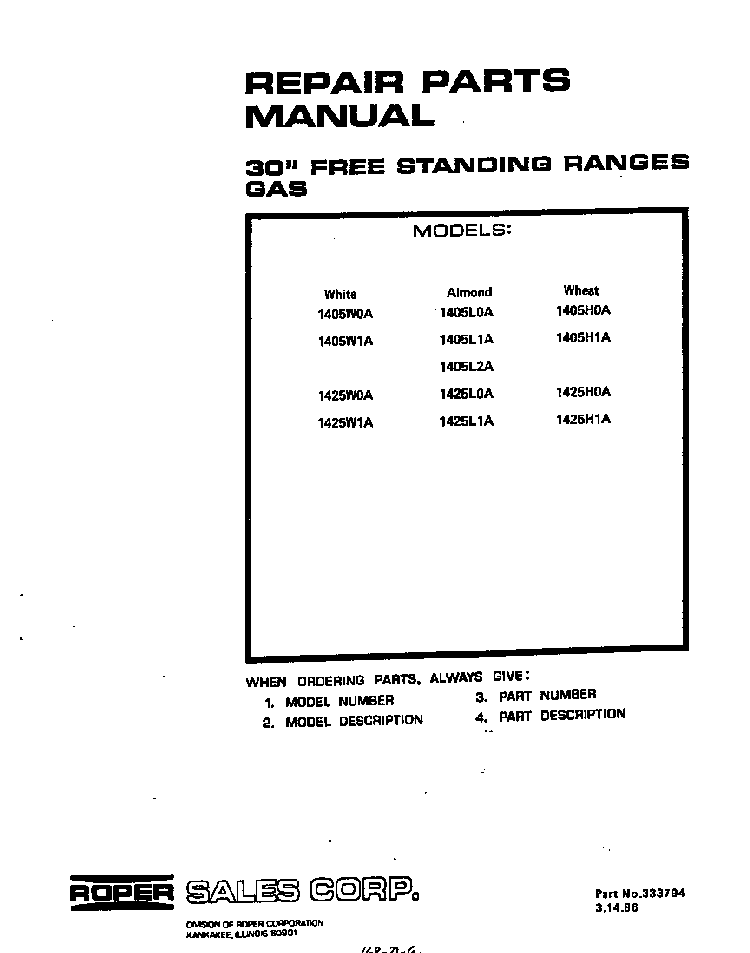 Front Cover Diagram and Parts List for 1405*1A  Roper Range
