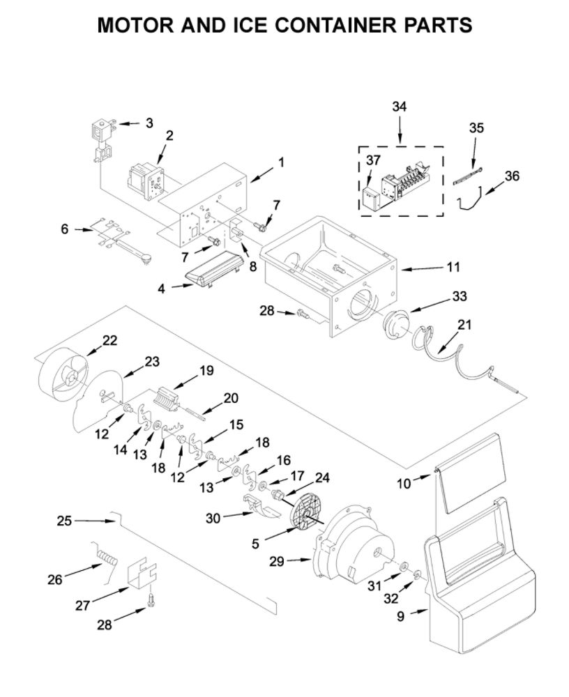 Motor And Ice Container Parts Diagram and Parts List for 10650042711  Kenmore Refrigerator