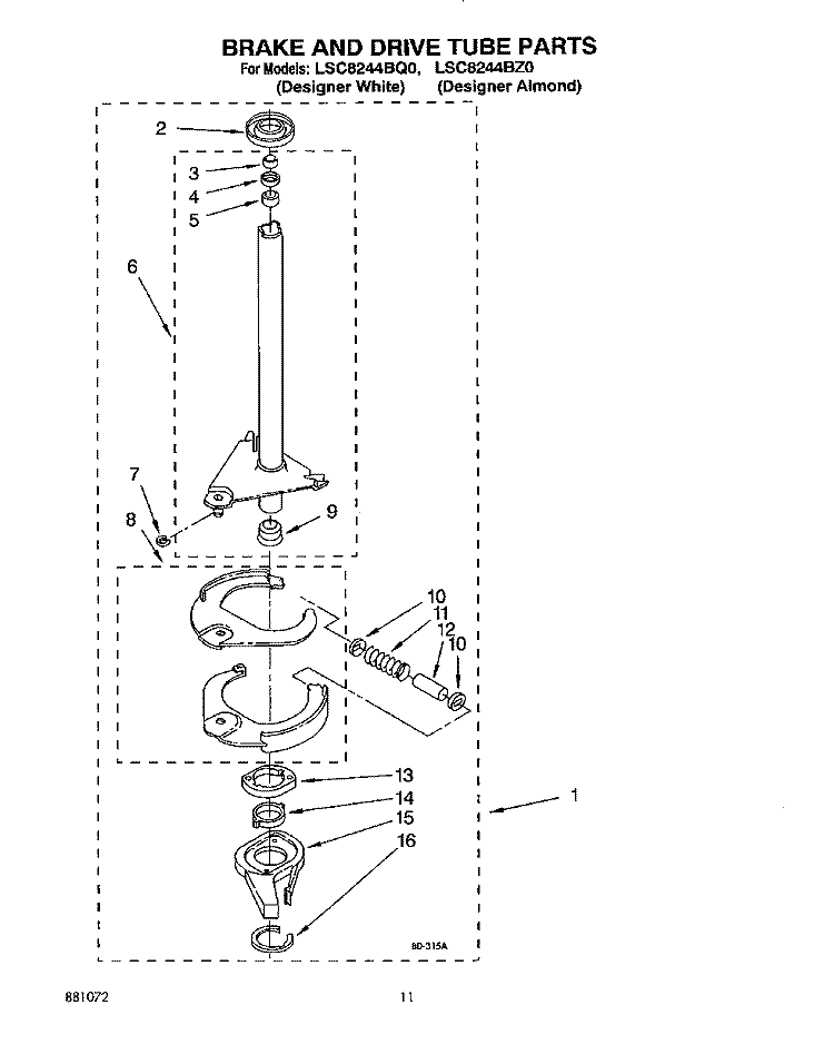 BRAKE AND DRIVE TUBE Diagram and Parts List for LSC8244BZ0  Whirlpool Washer