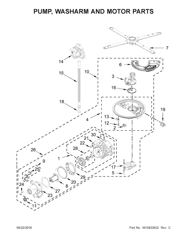 Pump, Washarm And Motor Parts Diagram and Parts List for KDTM354ESS1  KitchenAid Dishwasher