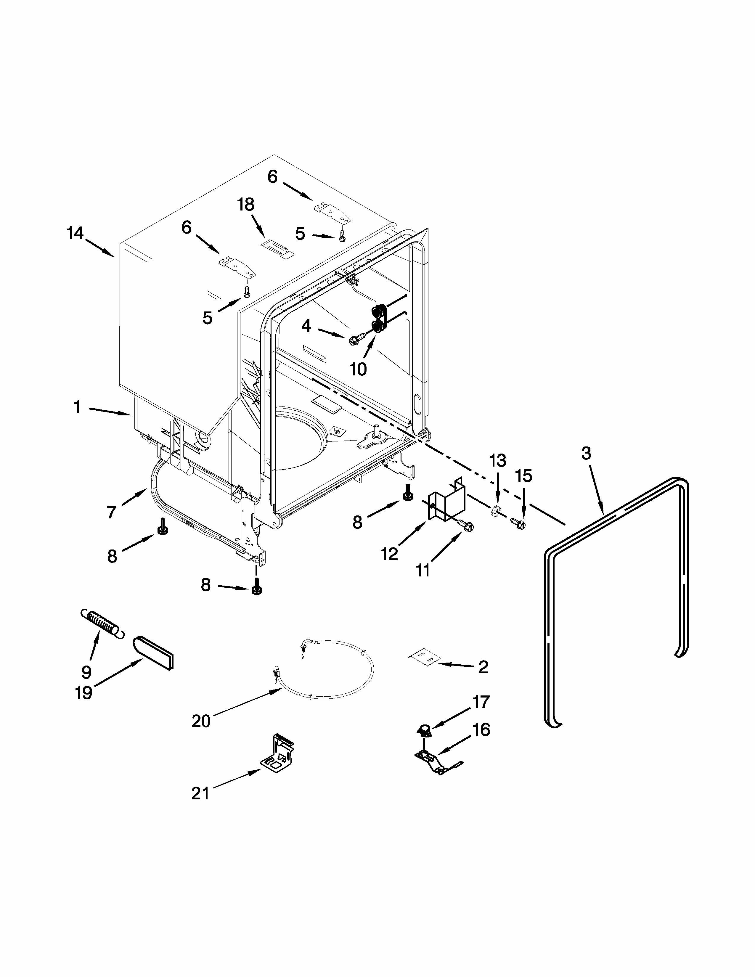 Tub And Frame Parts Diagram and Parts List for 66514313N411  Kenmore Dishwasher
