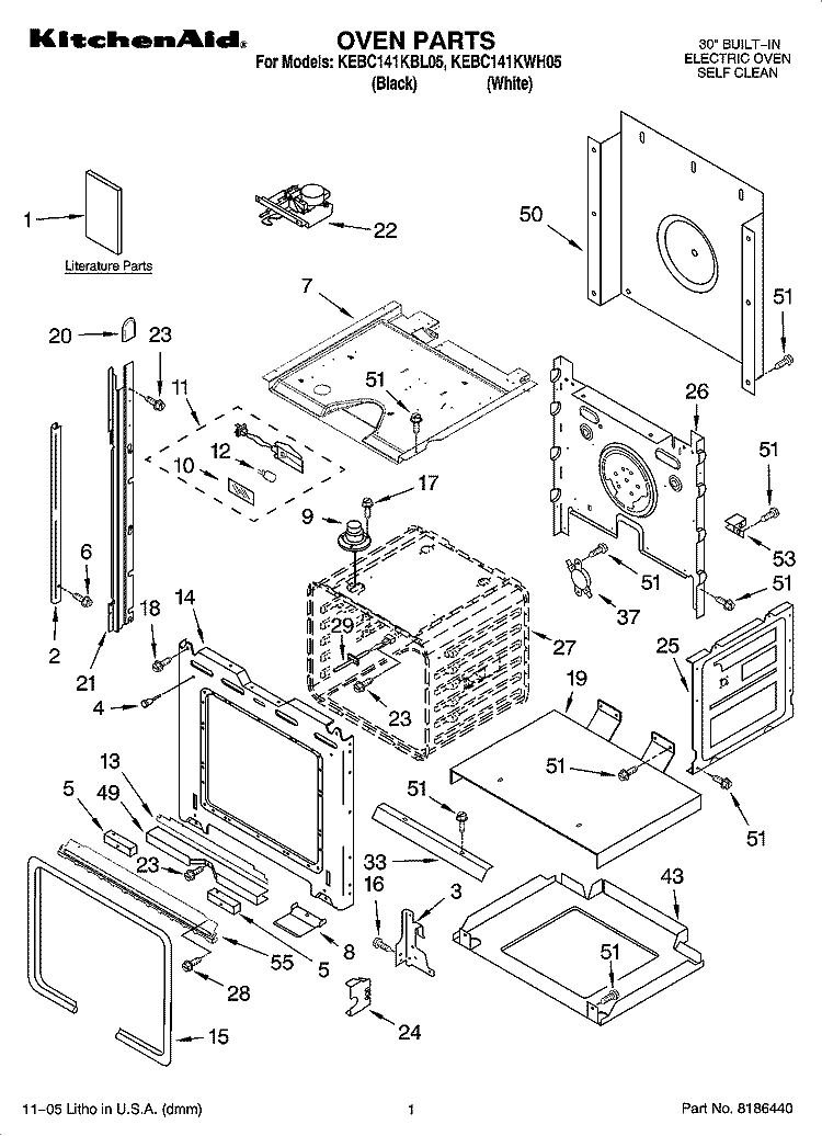 OVEN PARTS Diagram and Parts List for KEBC141KWH05  KitchenAid Wall Oven