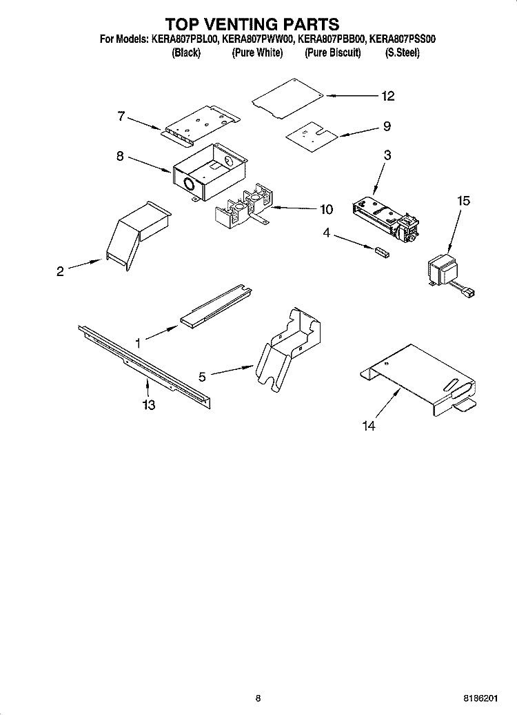TOP VENTING PARTS, OPTIONAL PARTS Diagram and Parts List for KERA807PBB00  KitchenAid Range