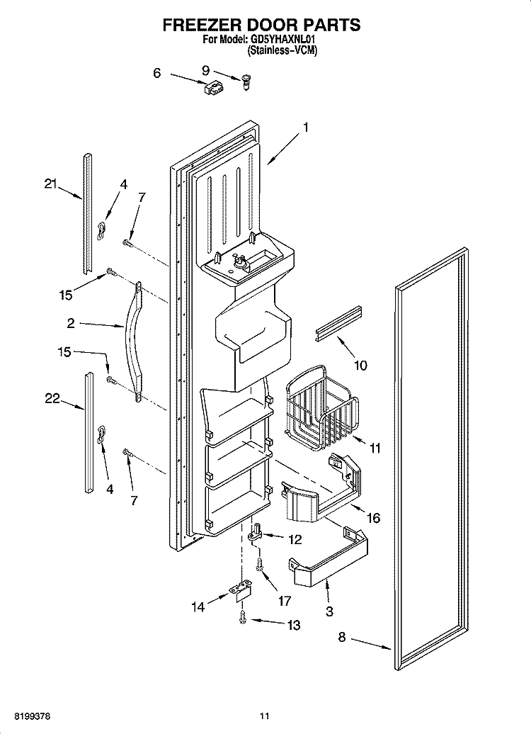 FREEZER DOOR PARTS Diagram and Parts List for GD5YHAXNL01  Whirlpool Refrigerator