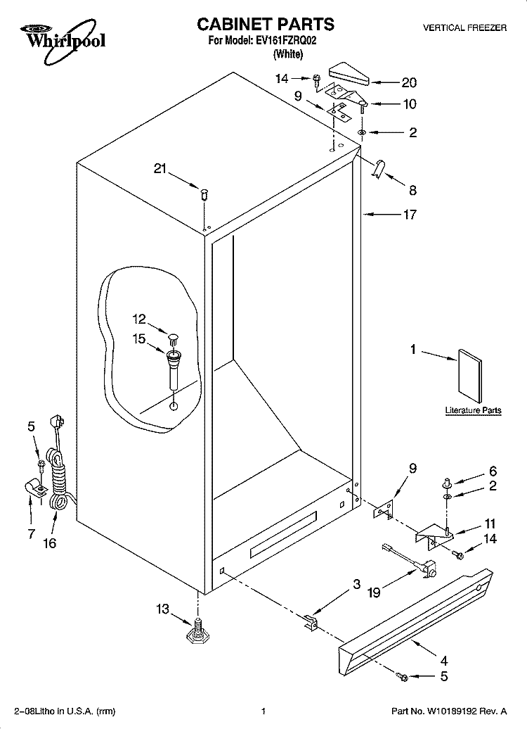 CABINET PARTS Diagram and Parts List for EV161FZRQ02  Whirlpool Freezer