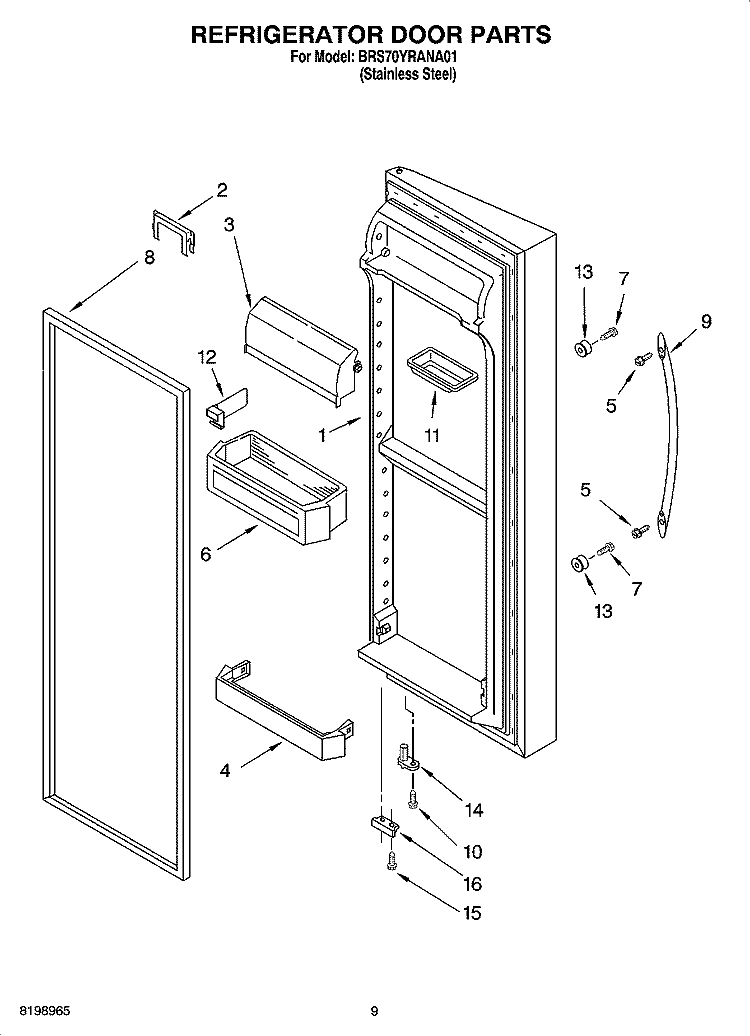 REFRIGERATOR DOOR PARTS Diagram and Parts List for BRS70YRANA01  Whirlpool Refrigerator