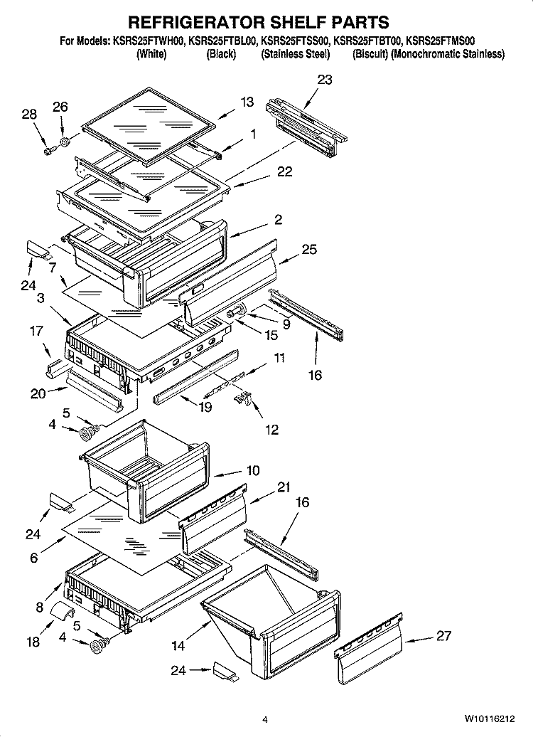 REFRIGERATOR SHELF PARTS Diagram and Parts List for KSRS25FTBT00  KitchenAid Refrigerator