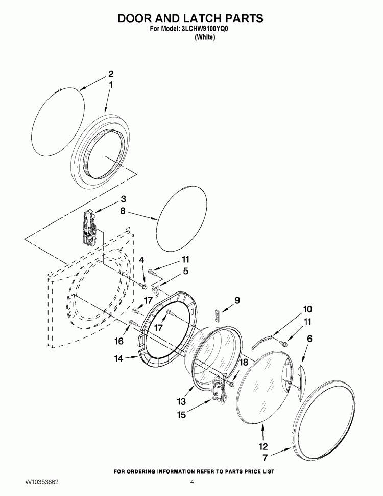 DOOR PARTS Diagram and Parts List for 3LCHW9100YQ0  Whirlpool Washer