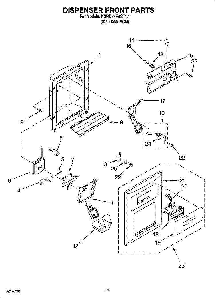 DISPENSER FRONT PARTS Diagram and Parts List for KSRD22FKST17  KitchenAid Refrigerator