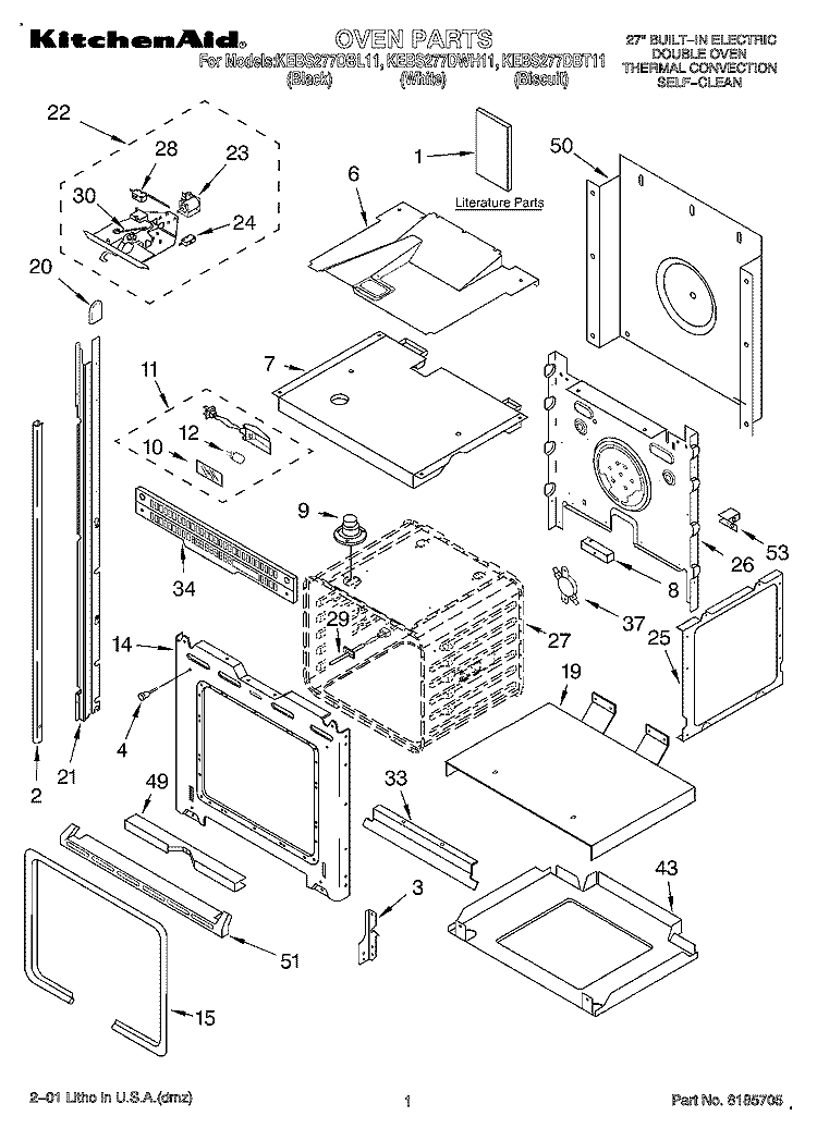 OVEN, LITERATURE Diagram and Parts List for KEBS277DBL11  KitchenAid Wall Oven