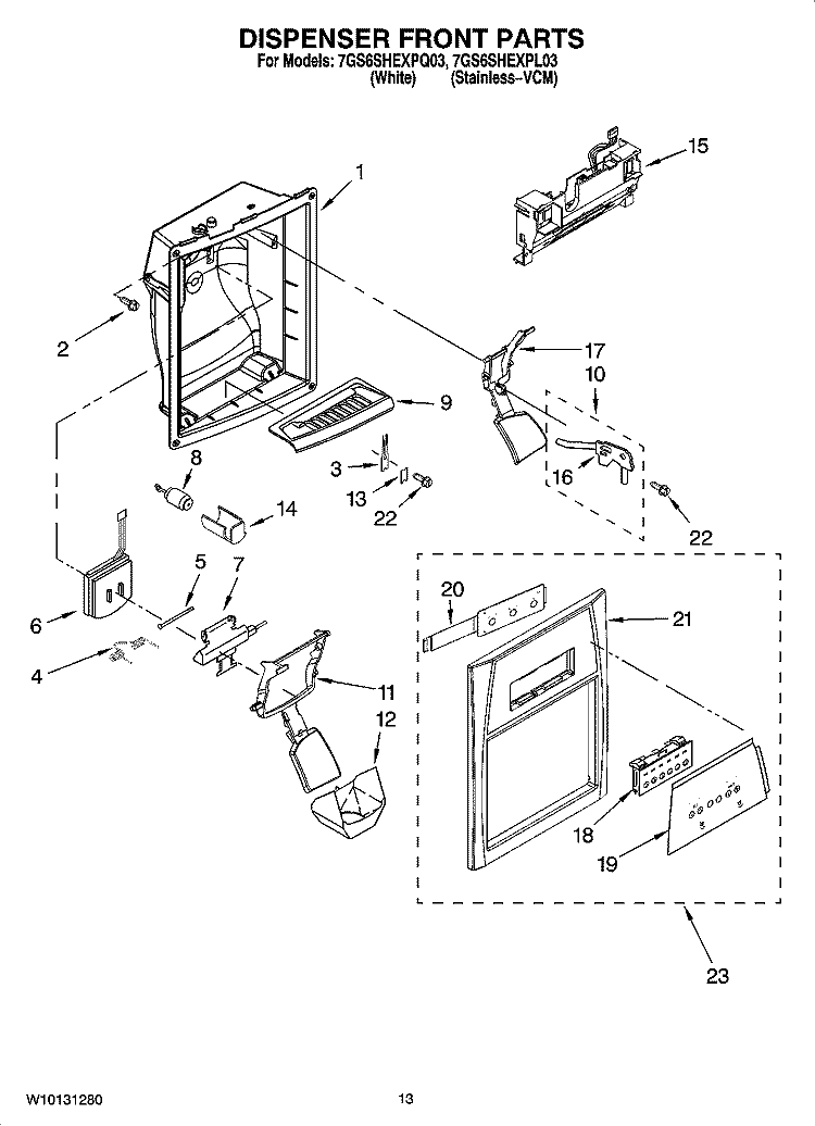 DISPENSER FRONT PARTS Diagram and Parts List for 7GS6SHEXPQ03  Whirlpool Refrigerator
