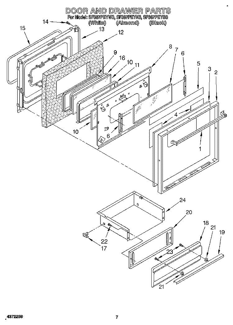DOOR AND DRAWER Diagram and Parts List for SF367PEYB3  Whirlpool Range
