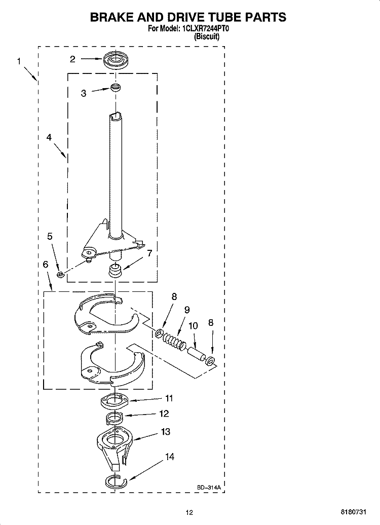 BRAKE AND DRIVE TUBE PARTS Diagram and Parts List for 1CLXR7244PT0  Whirlpool Washer
