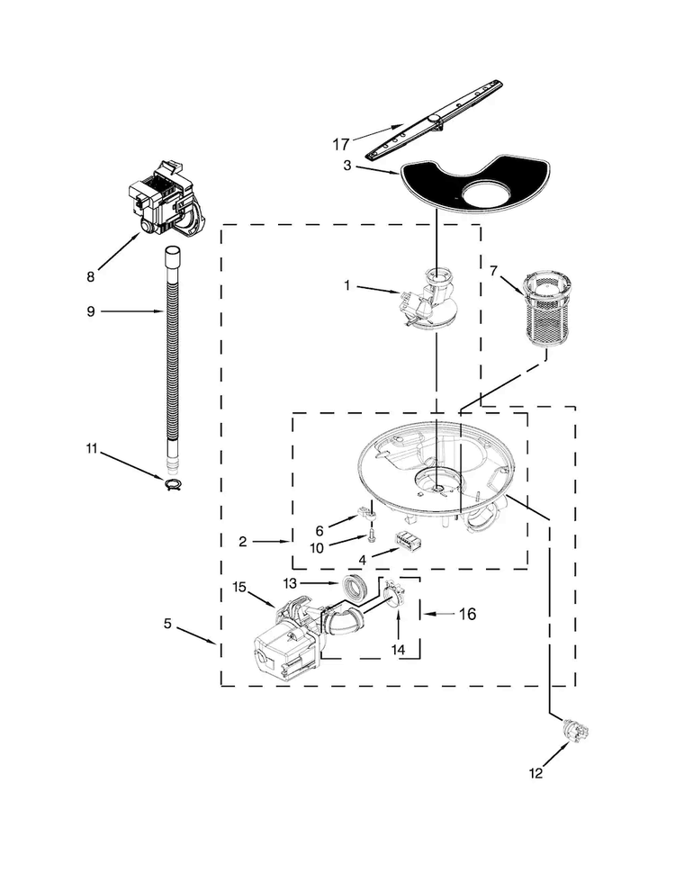 Pump, Washarm And Motor Parts Diagram and Parts List for WDF540PADM1  Whirlpool Dishwasher